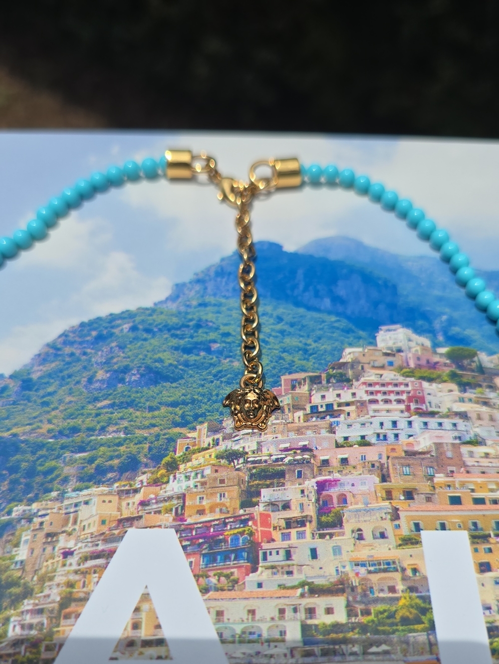 Versace Turquoise Beaded Necklace with Gold Medallion - Picture 2 of 8